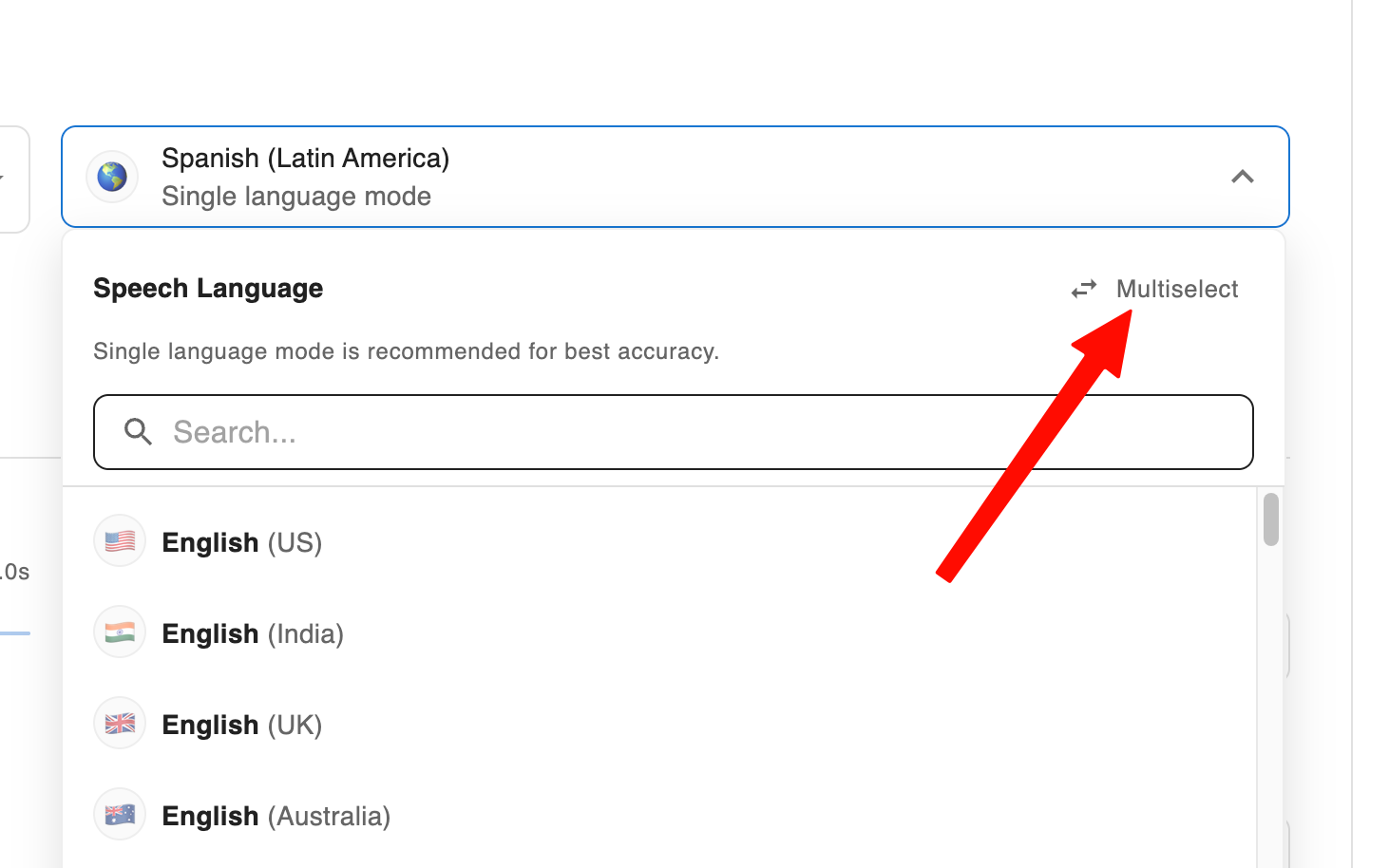 Zinng Speech Language selector open in Single language mode with a red arrow pointing to the Multiselect option in the top-right corner