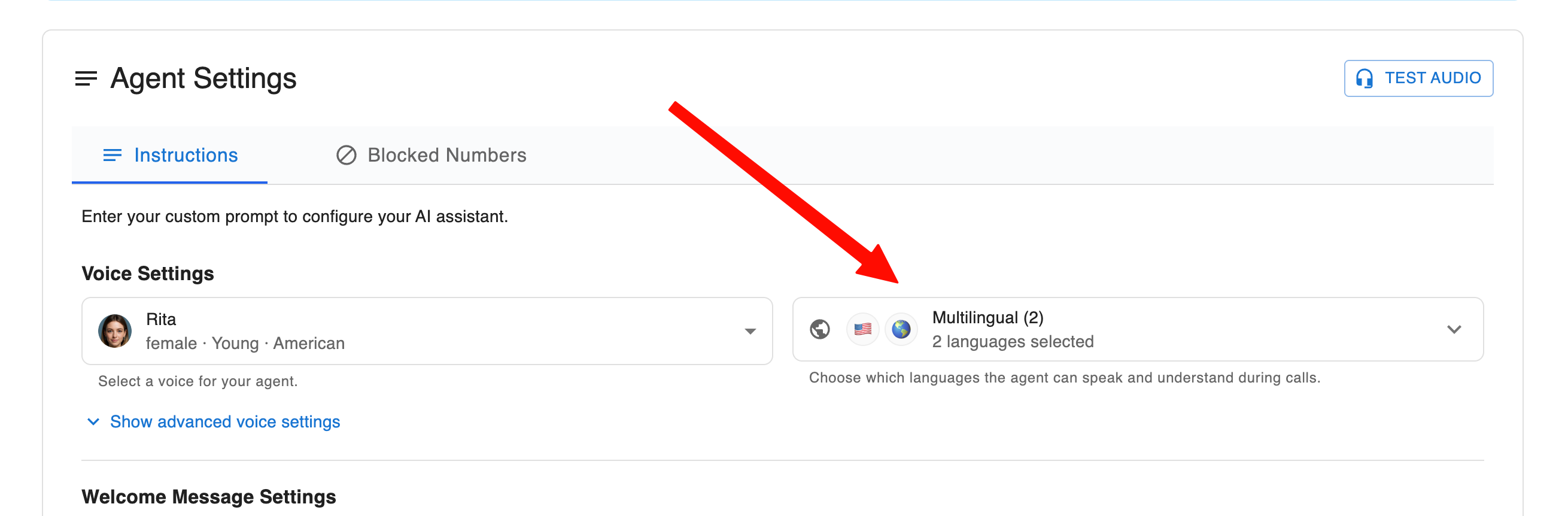 Zinng Agent Settings page with a red arrow pointing to the Multilingual dropdown located to the right of the Voice Settings voice picker