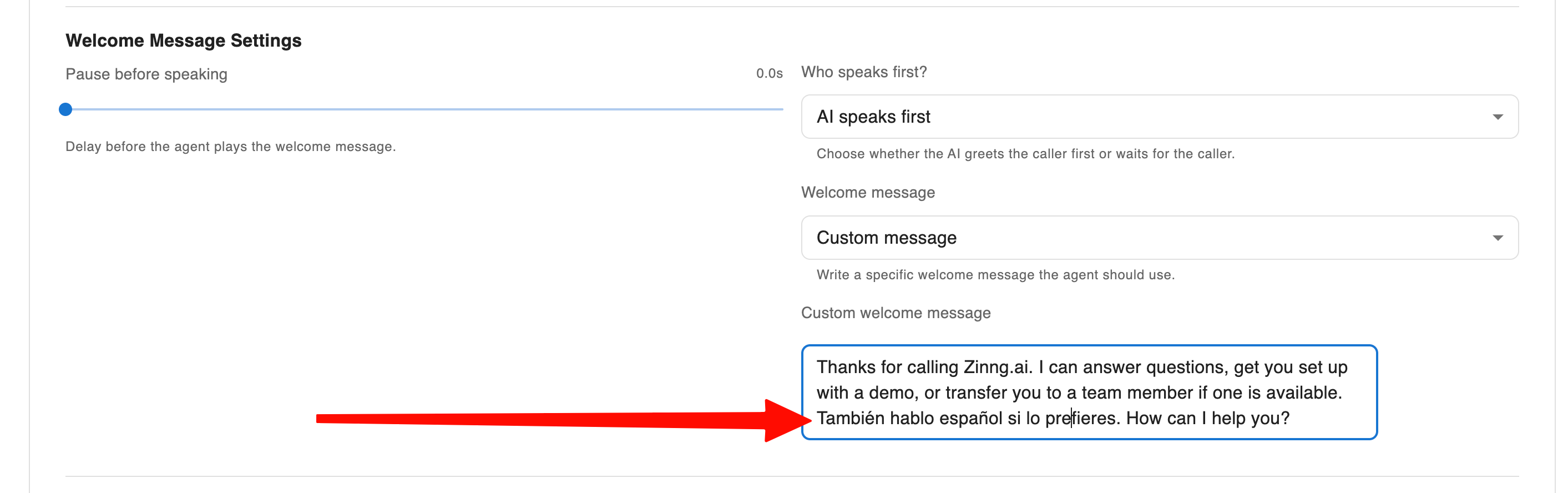 Zinng Welcome Message Settings with a red arrow pointing to a custom welcome message that includes a Spanish sentence letting the caller know Spanish is available