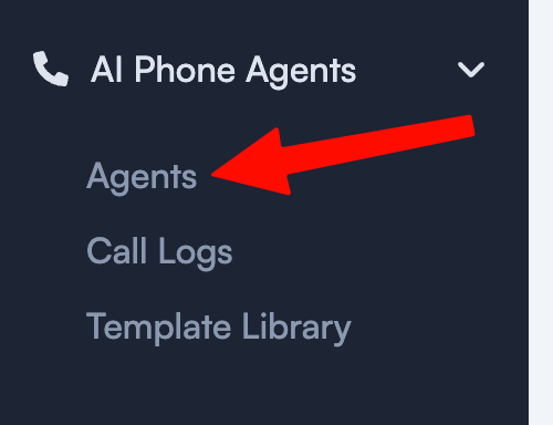 Zinng sidebar with the AI Phone Agents group expanded and a red arrow pointing to the Agents submenu item