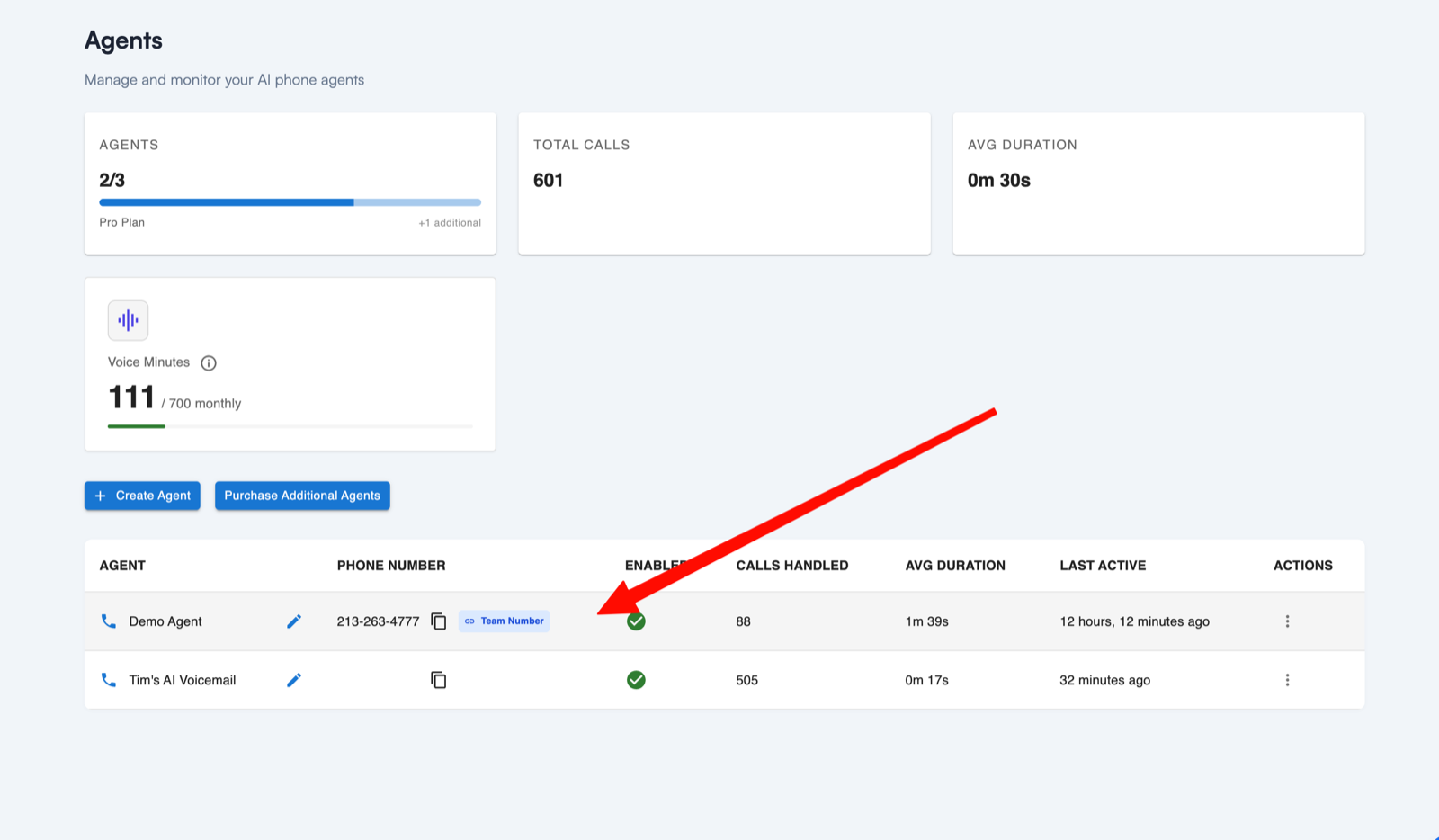Zinng Agents page showing a list of AI phone agents with a red arrow pointing to one of the agent rows