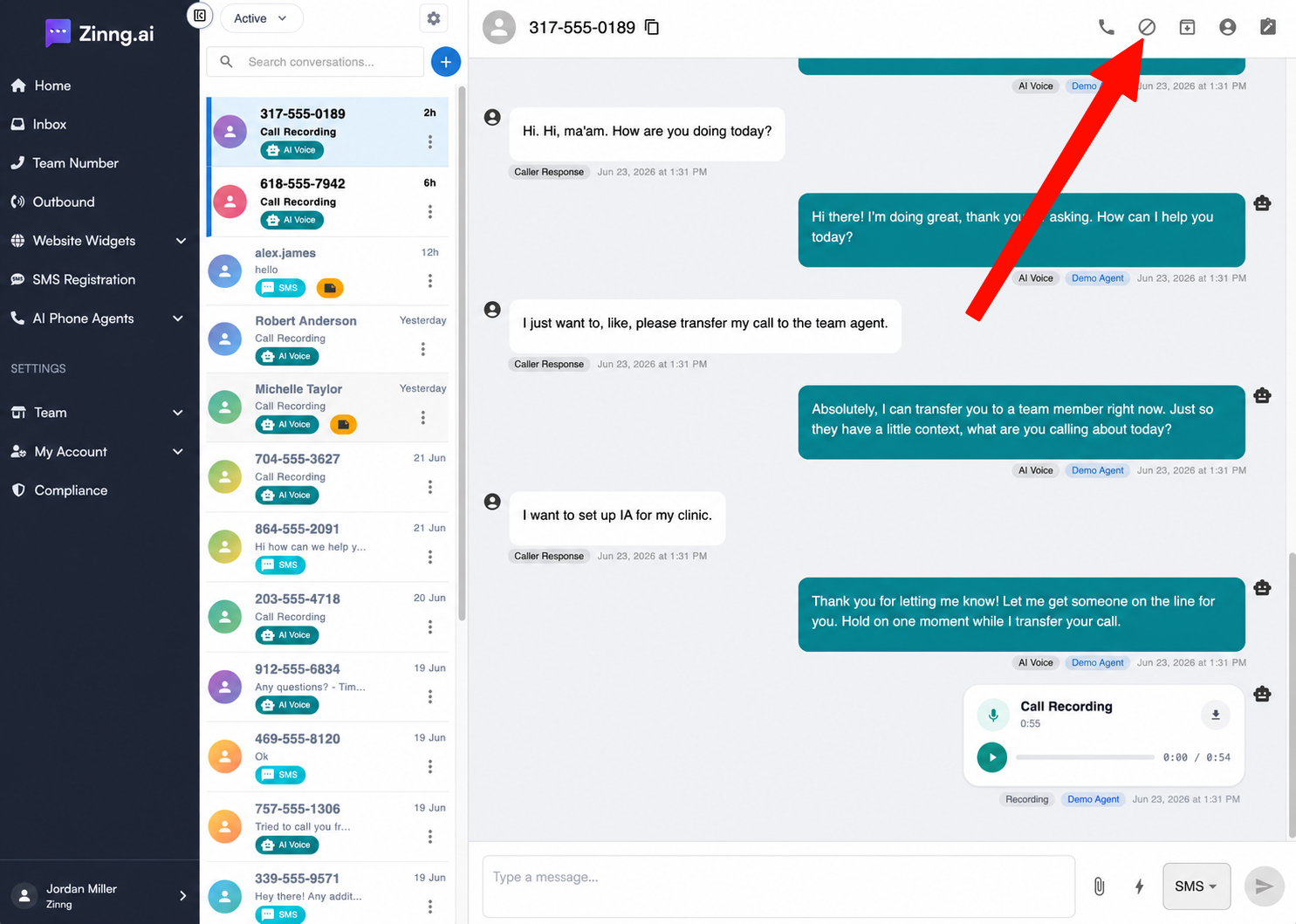Zinng inbox with a conversation open and a red arrow pointing to the block icon in the upper-right corner of the conversation