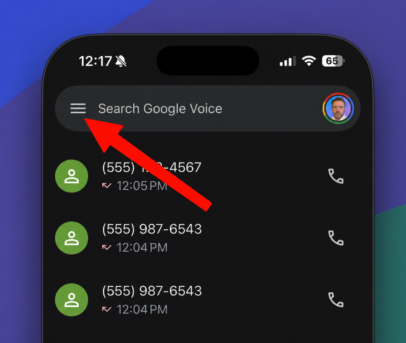 Google Voice mobile app main screen with a red arrow pointing to the hamburger menu icon in the top-left corner