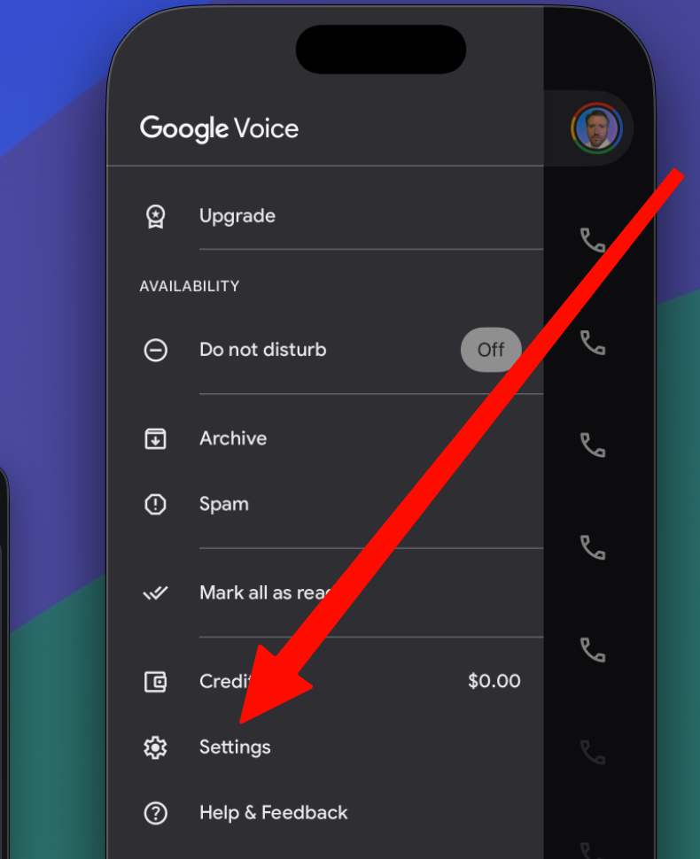 Google Voice side menu open with a red arrow pointing to the Settings option near the bottom of the menu