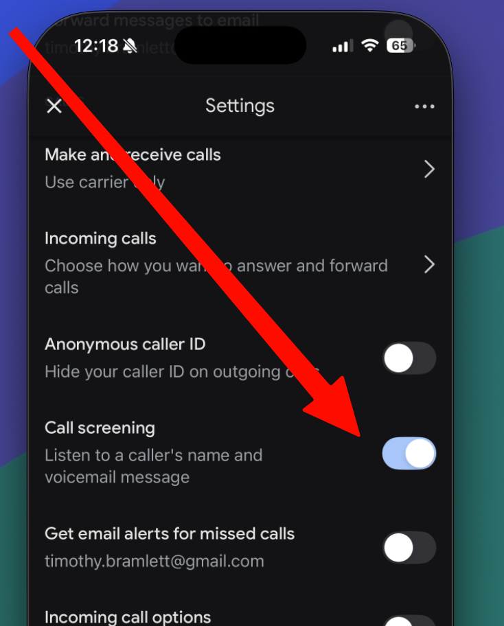 Google Voice Settings screen with a red arrow pointing to the Call screening toggle, currently shown in the on position