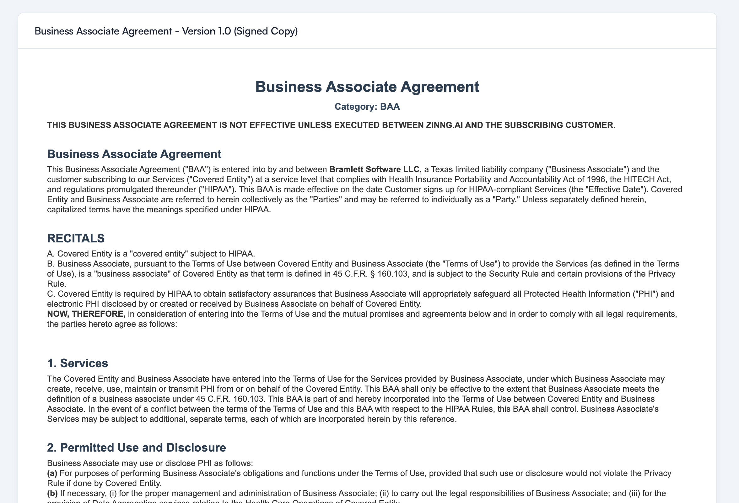 Preview of the executed Business Associate Agreement showing the Version 1.0 Signed Copy header, the agreement title, the Recitals section, and the start of the Services and Permitted Use sections