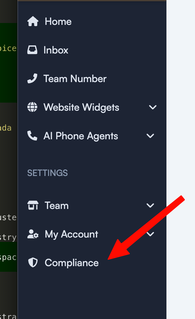 Zinng dashboard sidebar with a red arrow pointing to the Compliance menu item under the SETTINGS group, below Team and My Account