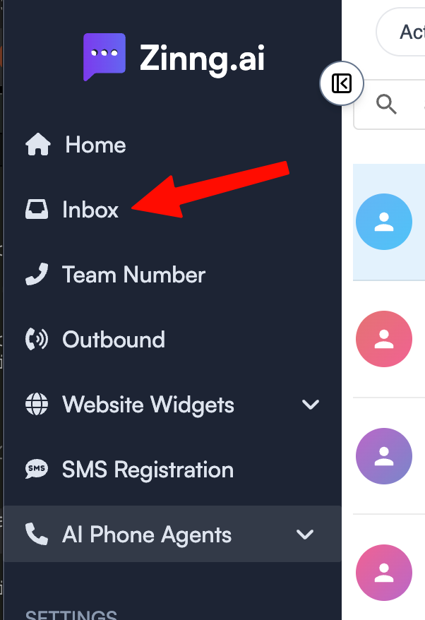 Zinng dashboard left sidebar with a red arrow pointing to the Inbox menu item