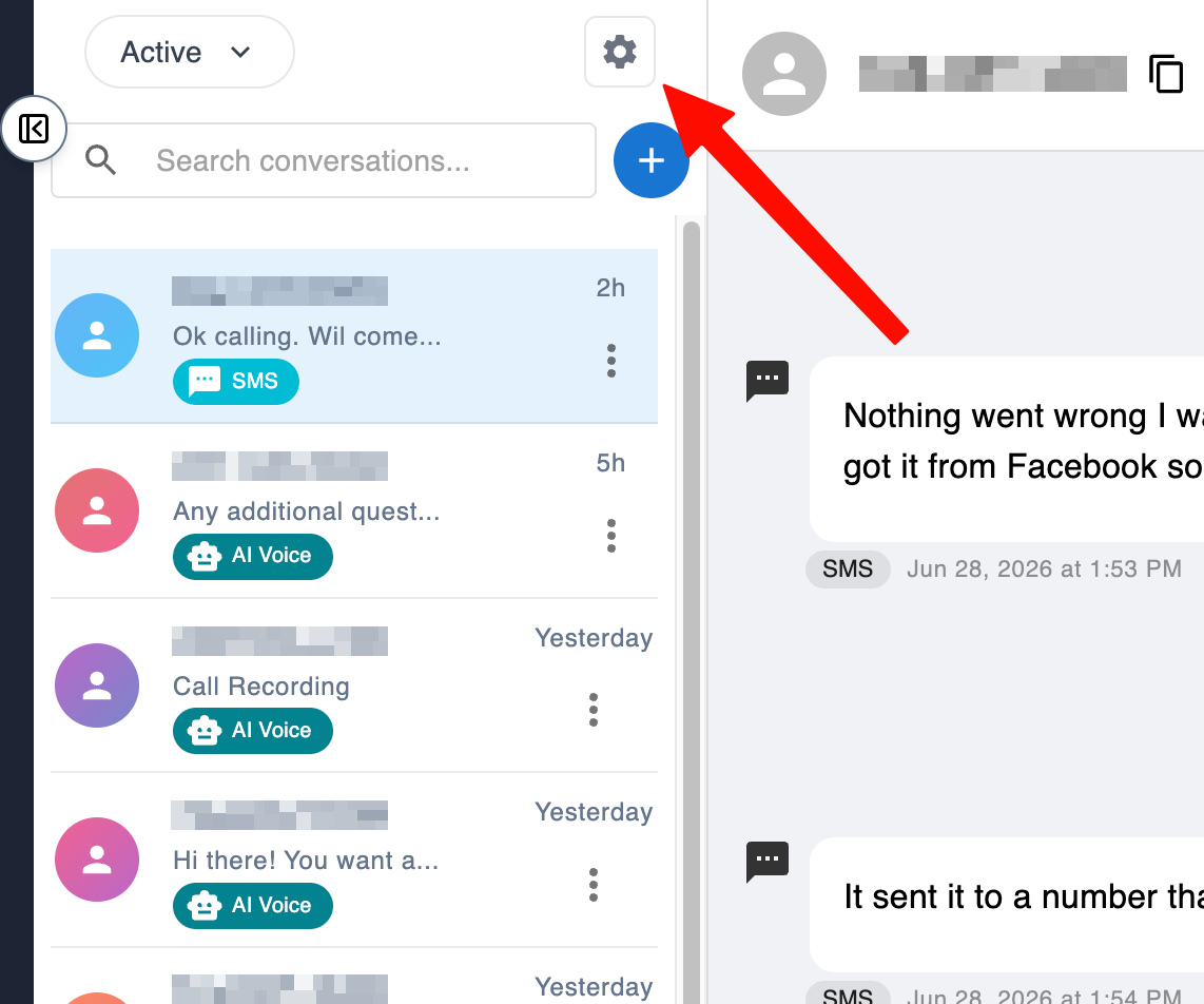 Zinng inbox with a red arrow pointing to the gear settings icon at the top of the conversation list