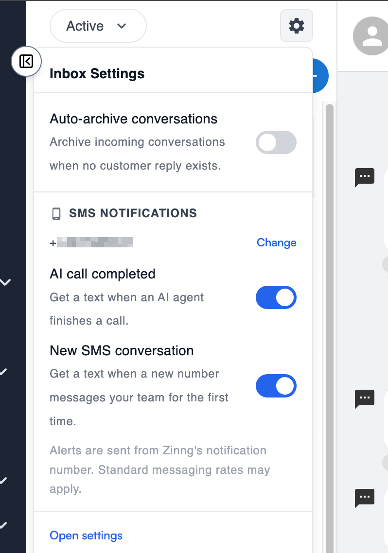 Zinng Inbox Settings panel showing the SMS Notifications section with the AI call completed and New SMS conversation toggles switched on