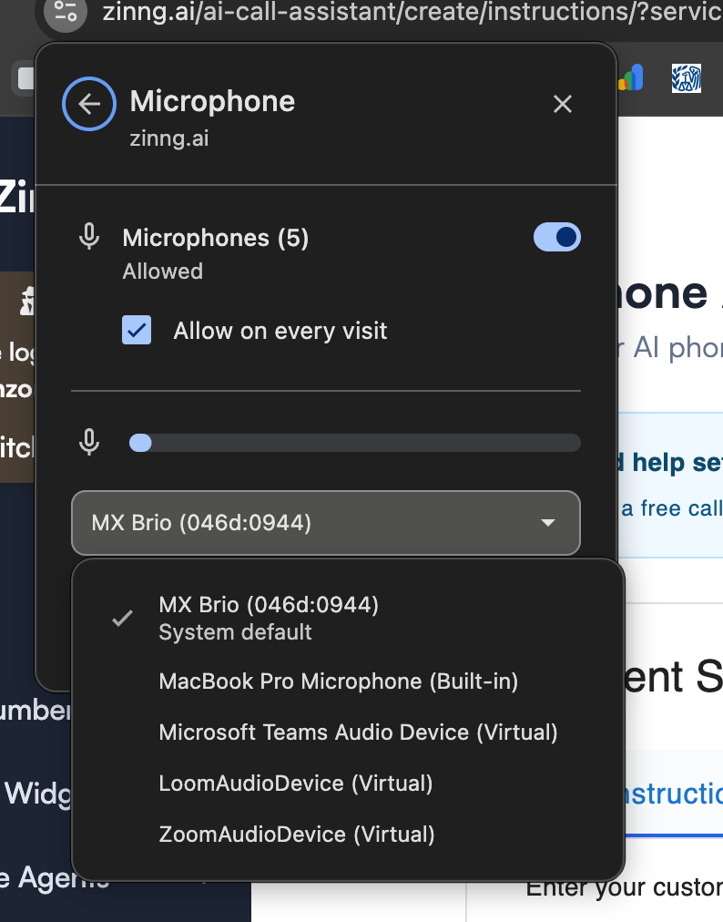 Chrome per-site Microphone sub-view for zinng.ai showing the Microphones Allowed toggle, an audio level meter, and an open dropdown listing available microphones including MX Brio System default, MacBook Pro Microphone Built-in, Microsoft Teams Audio Device Virtual, LoomAudioDevice Virtual, and ZoomAudioDevice Virtual