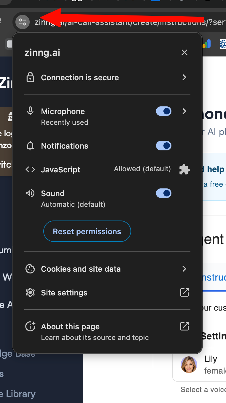 Chrome address bar with a red arrow pointing to the tune icon next to the zinng.ai URL, with the site permissions popover open below showing Connection is secure, Microphone, Notifications, JavaScript, Sound, Reset permissions, Cookies and site data, Site settings, and About this page