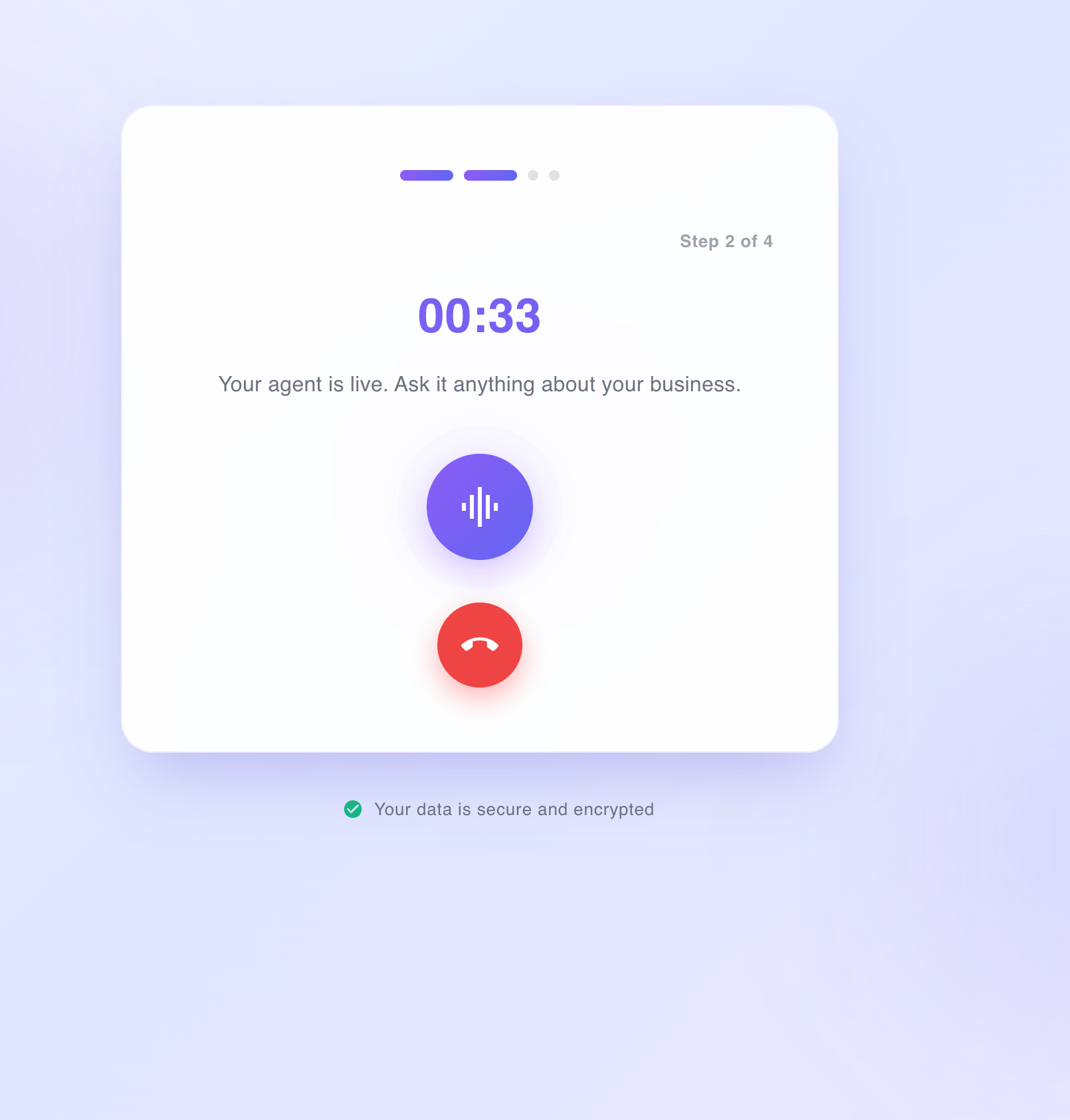 Zinng onboarding step 2 of 4 showing an active web call interface with a 33-second timer, the message Your agent is live ask it anything about your business, an active microphone indicator, and a red hangup button