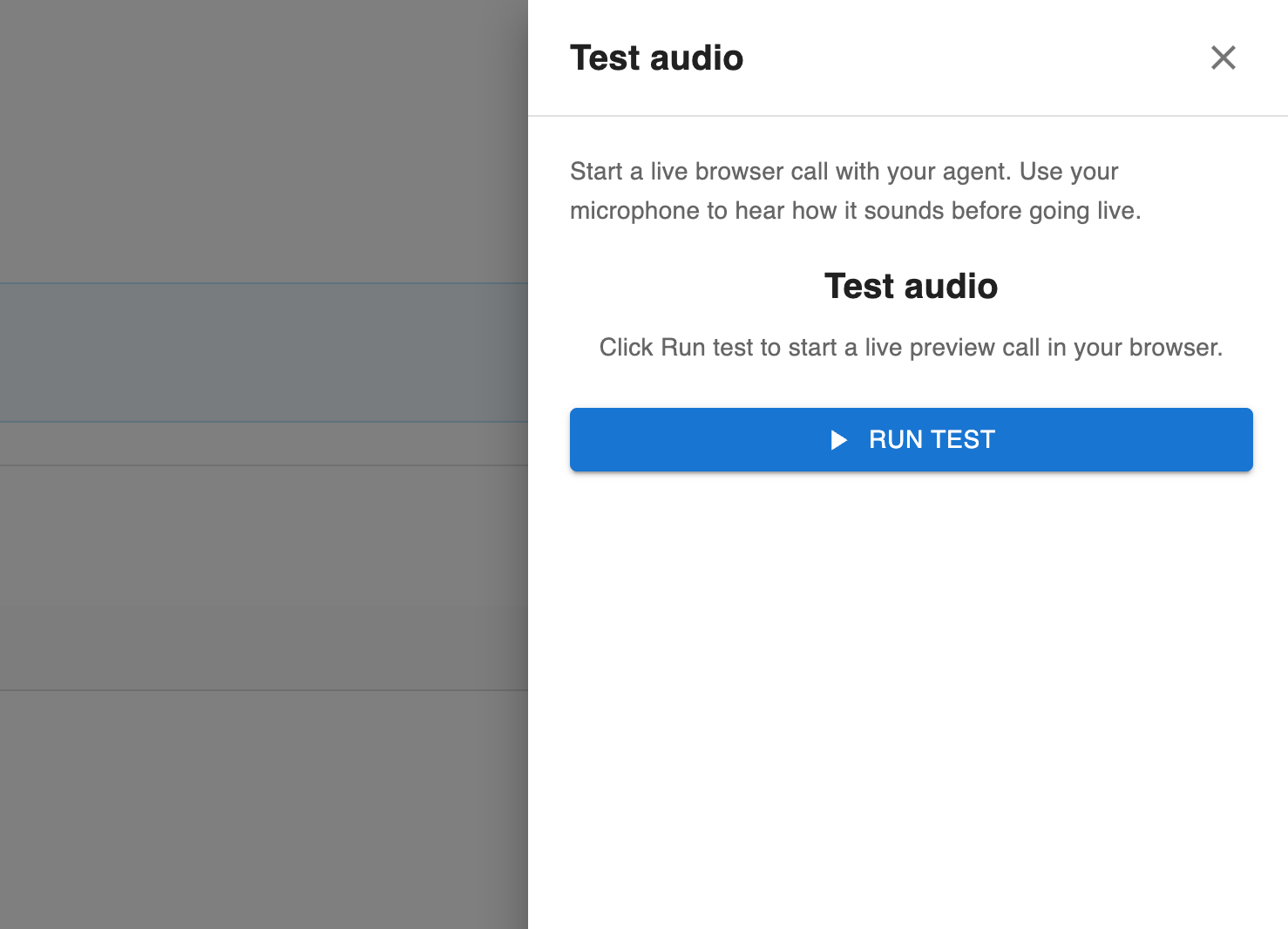 Zinng Test audio panel with the description Start a live browser call with your agent and a blue RUN TEST button