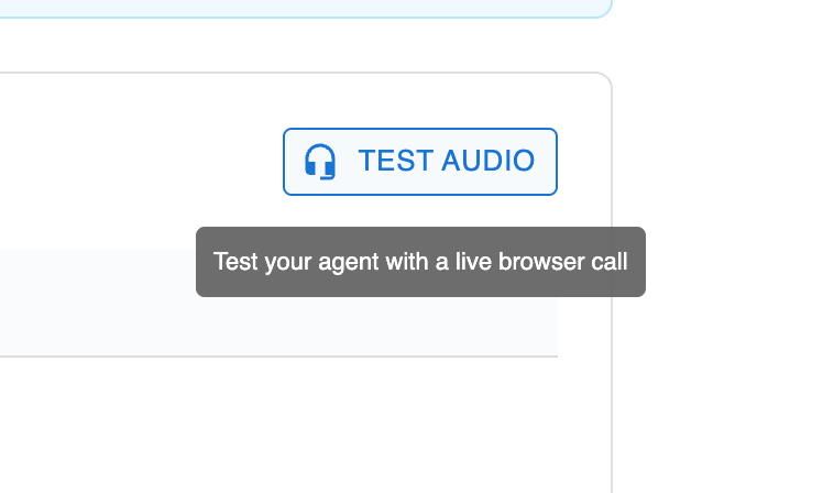 Zinng agent settings page showing the TEST AUDIO button in the top right with a tooltip reading Test your agent with a live browser call