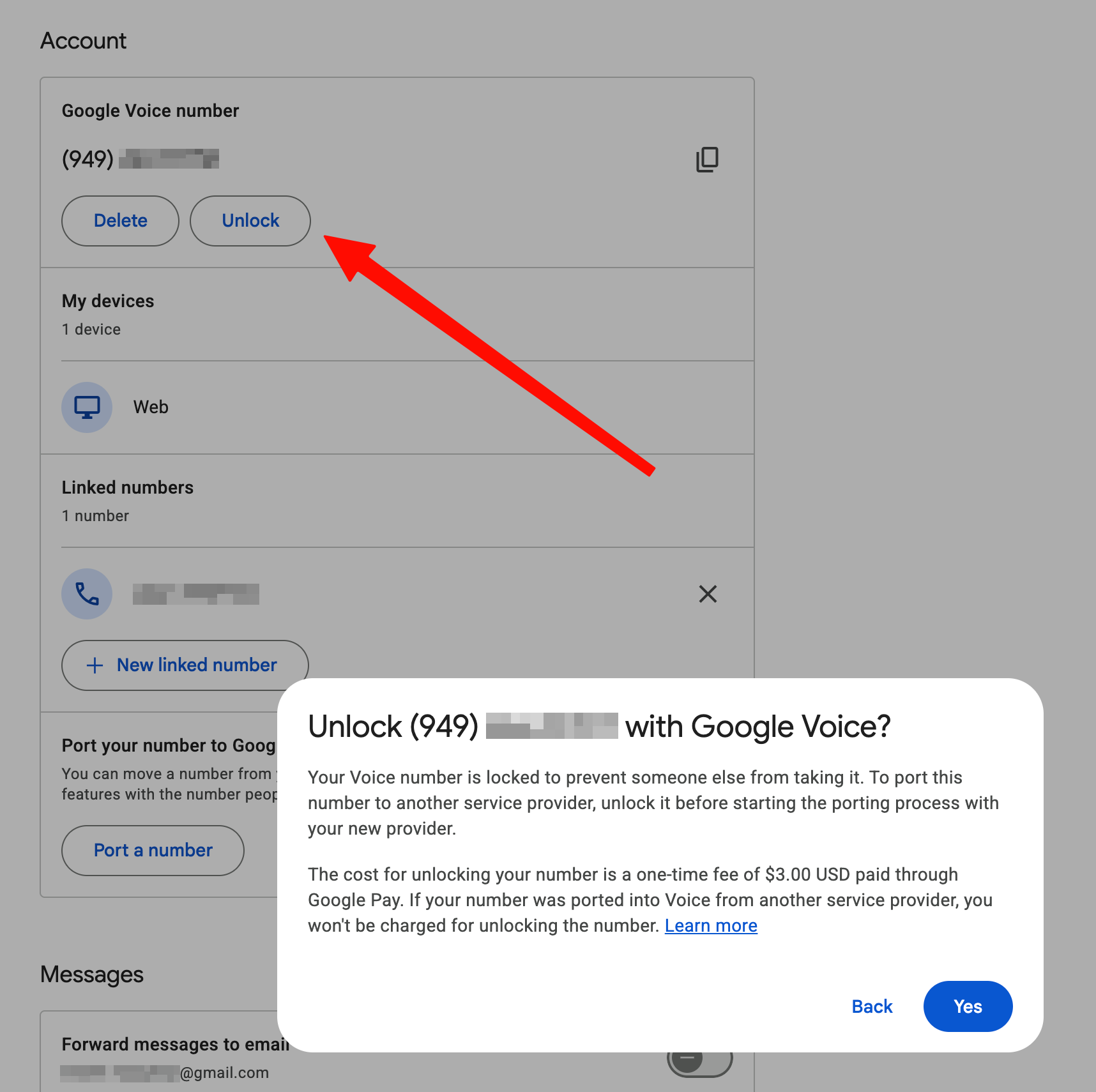 Google Voice Account settings with a red arrow pointing to the Unlock button, and the unlock confirmation dialog explaining the one-time $3 USD fee paid through Google Pay