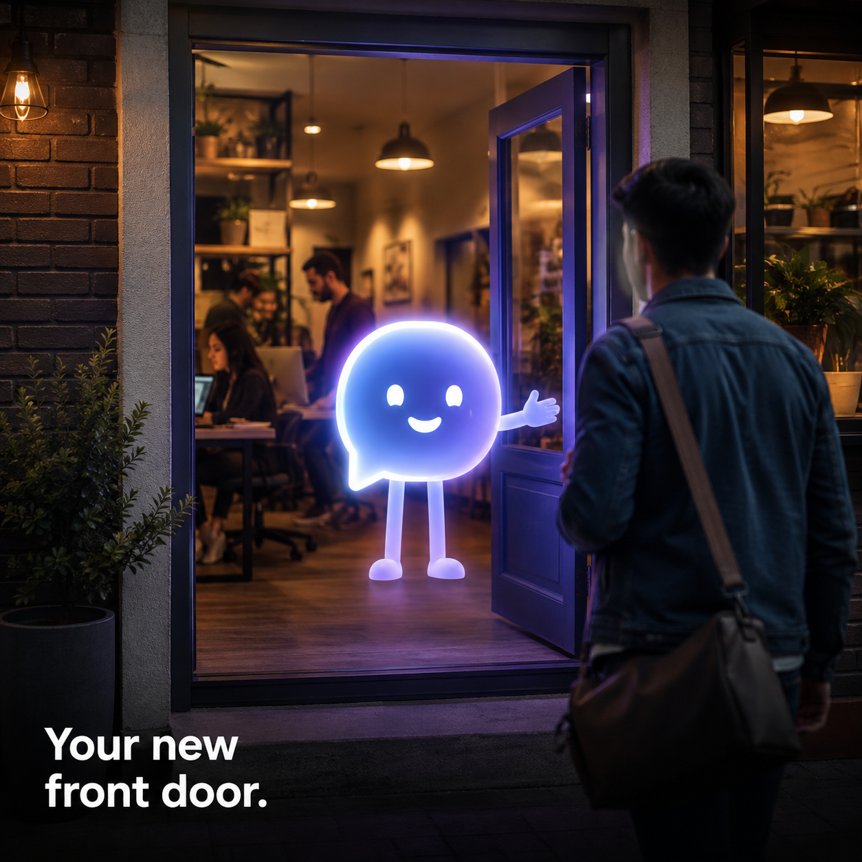 A friendly glowing speech-bubble AI character greeting a customer at the open doorway of a small business, with the team working inside, captioned 'Your new front door.'