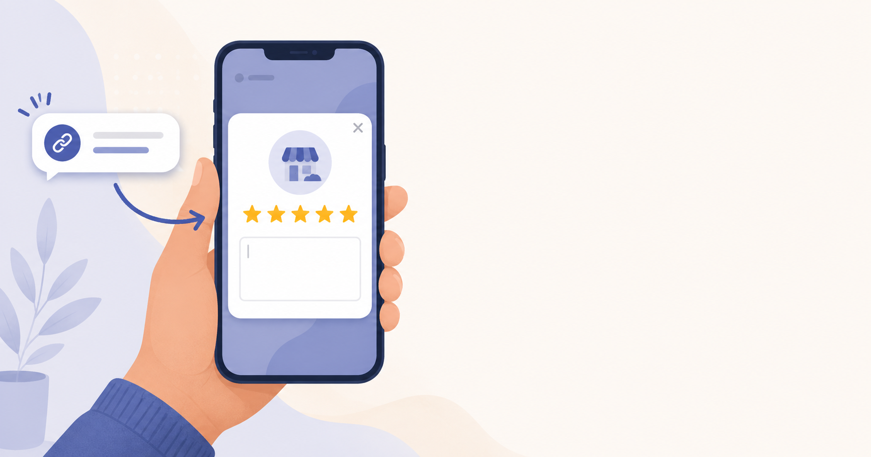 A hand holding a phone where a tapped text-message link opens straight into a Google review box, showing a storefront icon, five gold stars, and an empty review text field ready to type in.