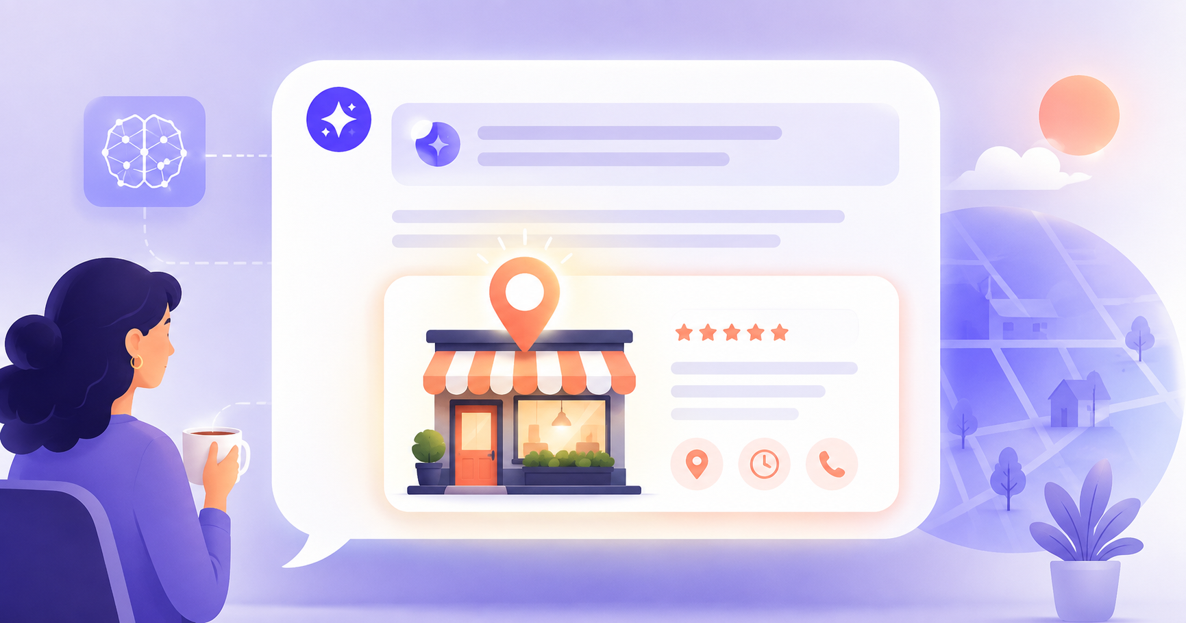 A person with a coffee reading an AI chat answer that recommends a single local business, shown as a storefront with a map pin, five-star reviews, and hours and phone icons, instead of a page of blue search links.