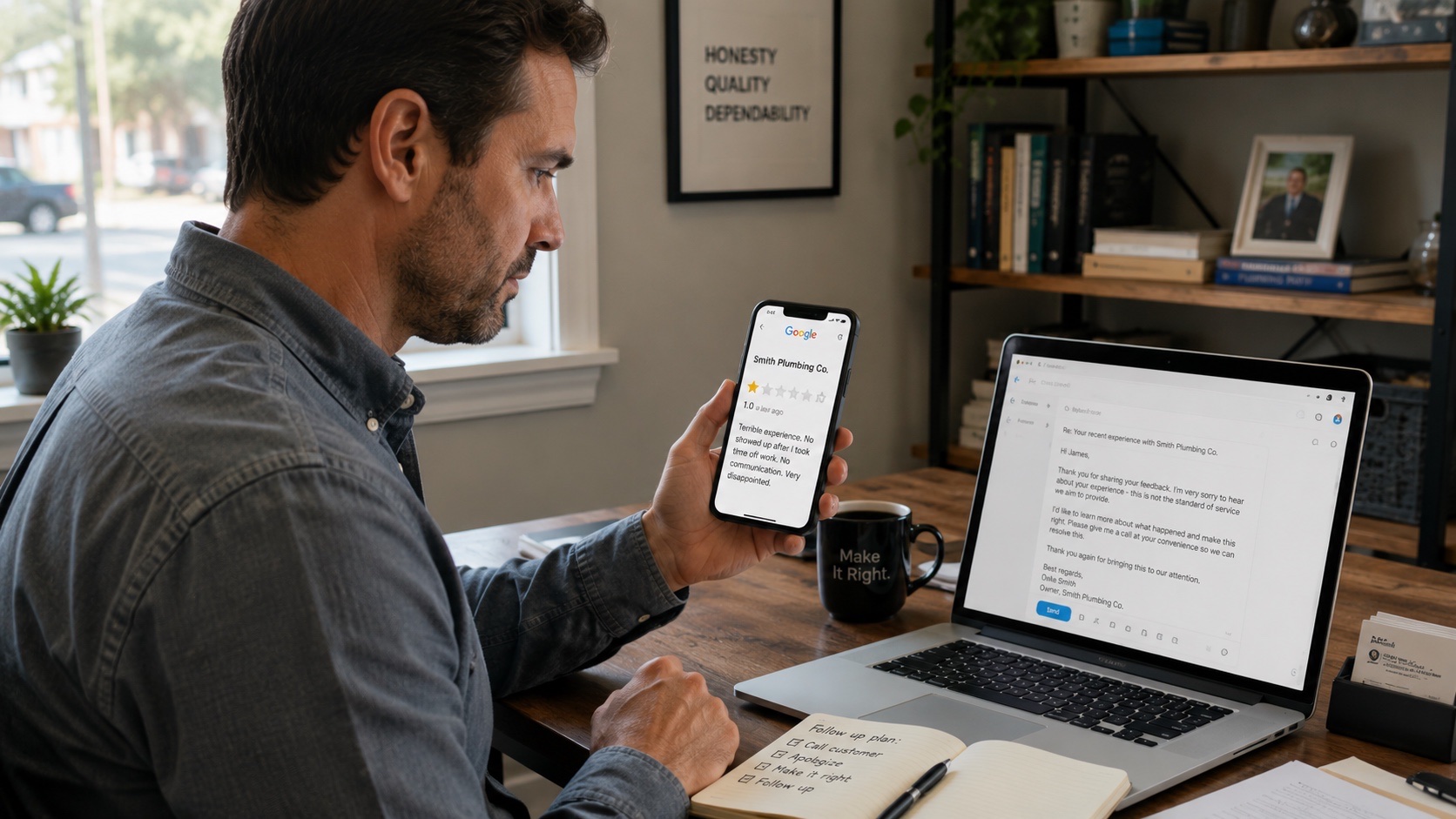 Small business owner sitting at a desk calmly drafting a response to a 1-star Google review on his phone with a laptop open beside him