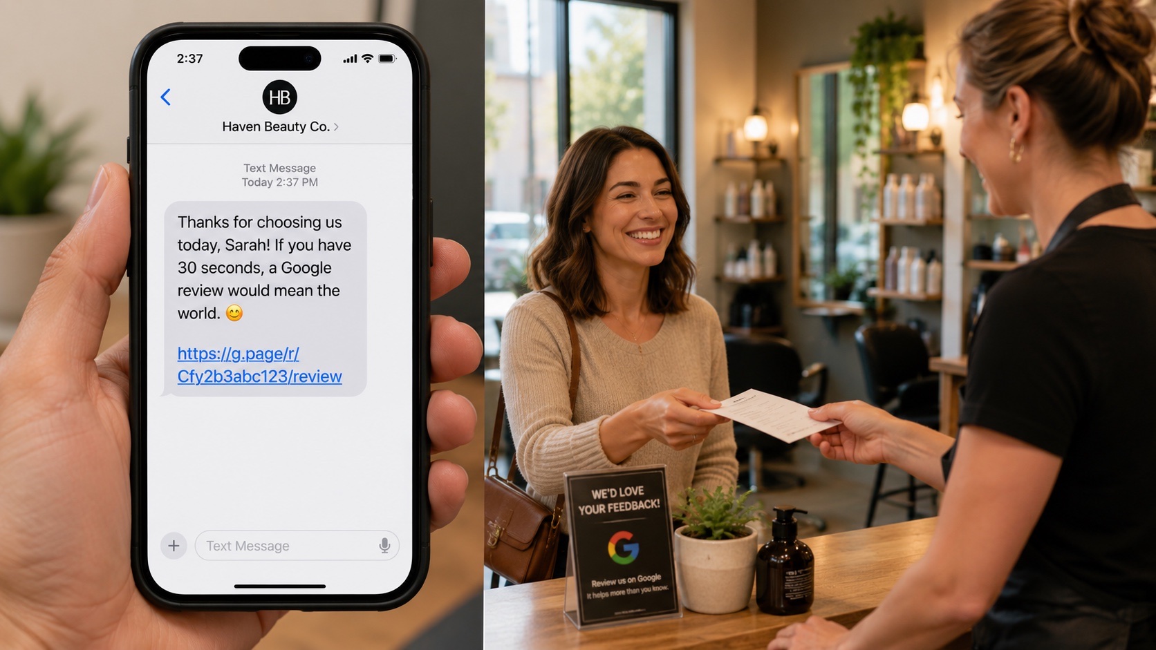 Customer reading a text message review request on her smartphone after a service appointment, with a friendly business owner visible in the slightly out-of-focus background