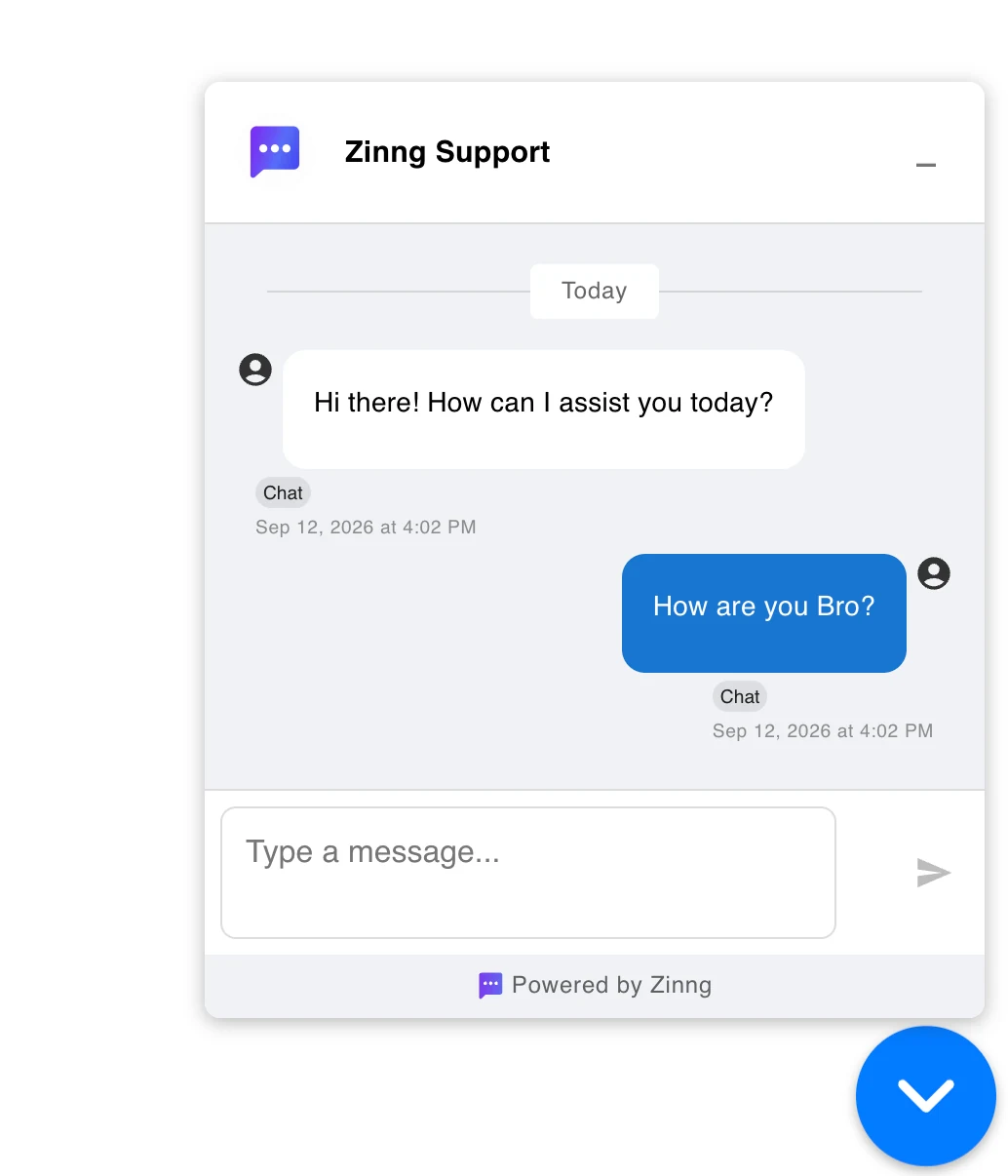 The Zinng chat widget open on a website, showing a greeting and a visitor reply
