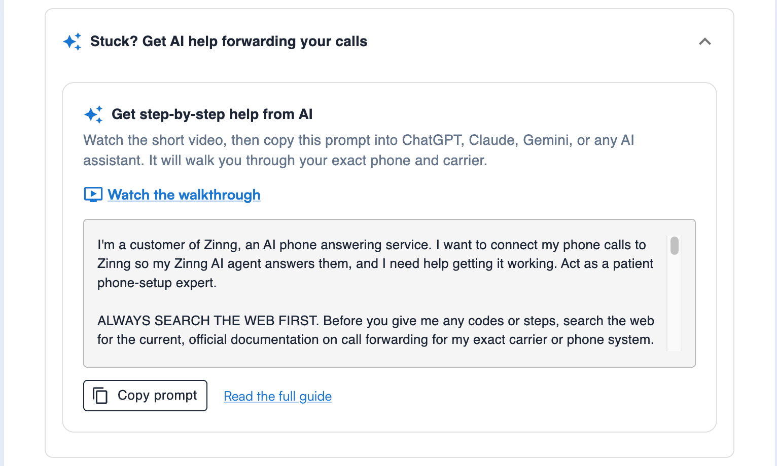 The Stuck? Get AI help forwarding your calls panel, with a video walkthrough and a copyable prompt