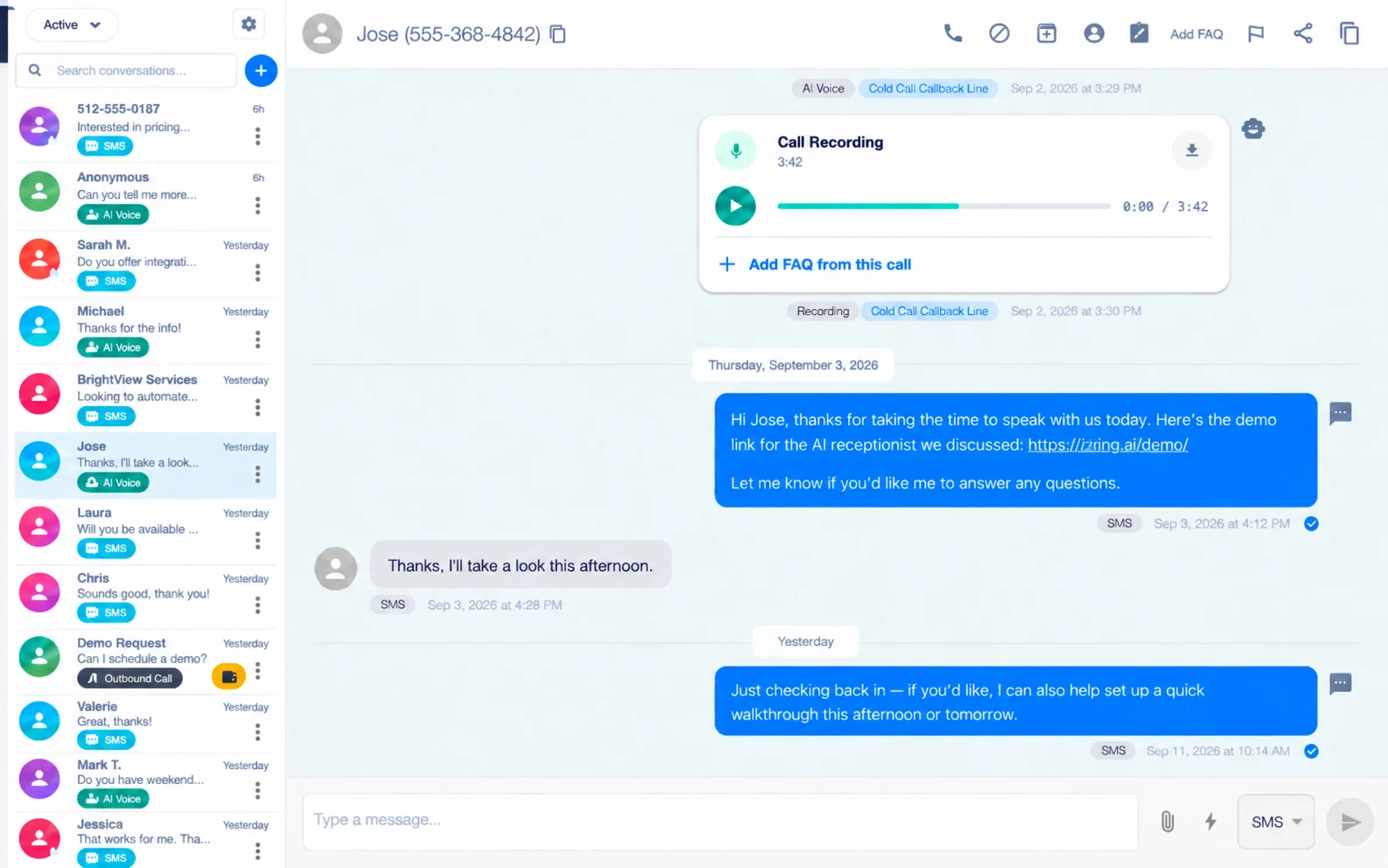 The Zinng inbox showing a conversation list beside an open thread with a call recording and SMS replies