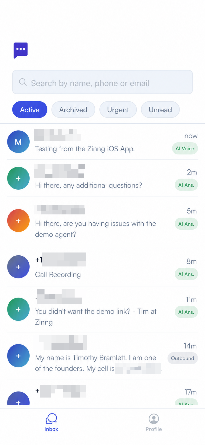 Zinng mobile app inbox