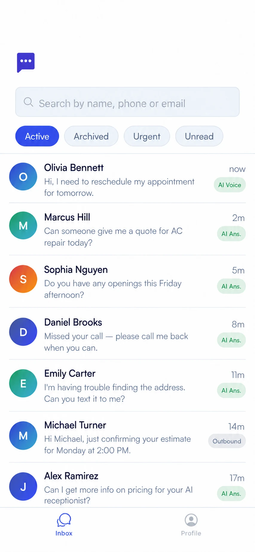 The Zinng mobile app inbox showing calls, texts, and chat conversations in one list