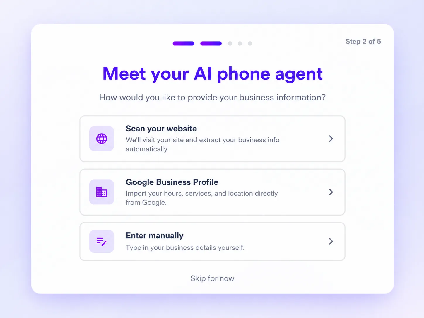 Zinng onboarding screen letting you train your AI agent from your website, your Google Business Profile, or by entering details manually