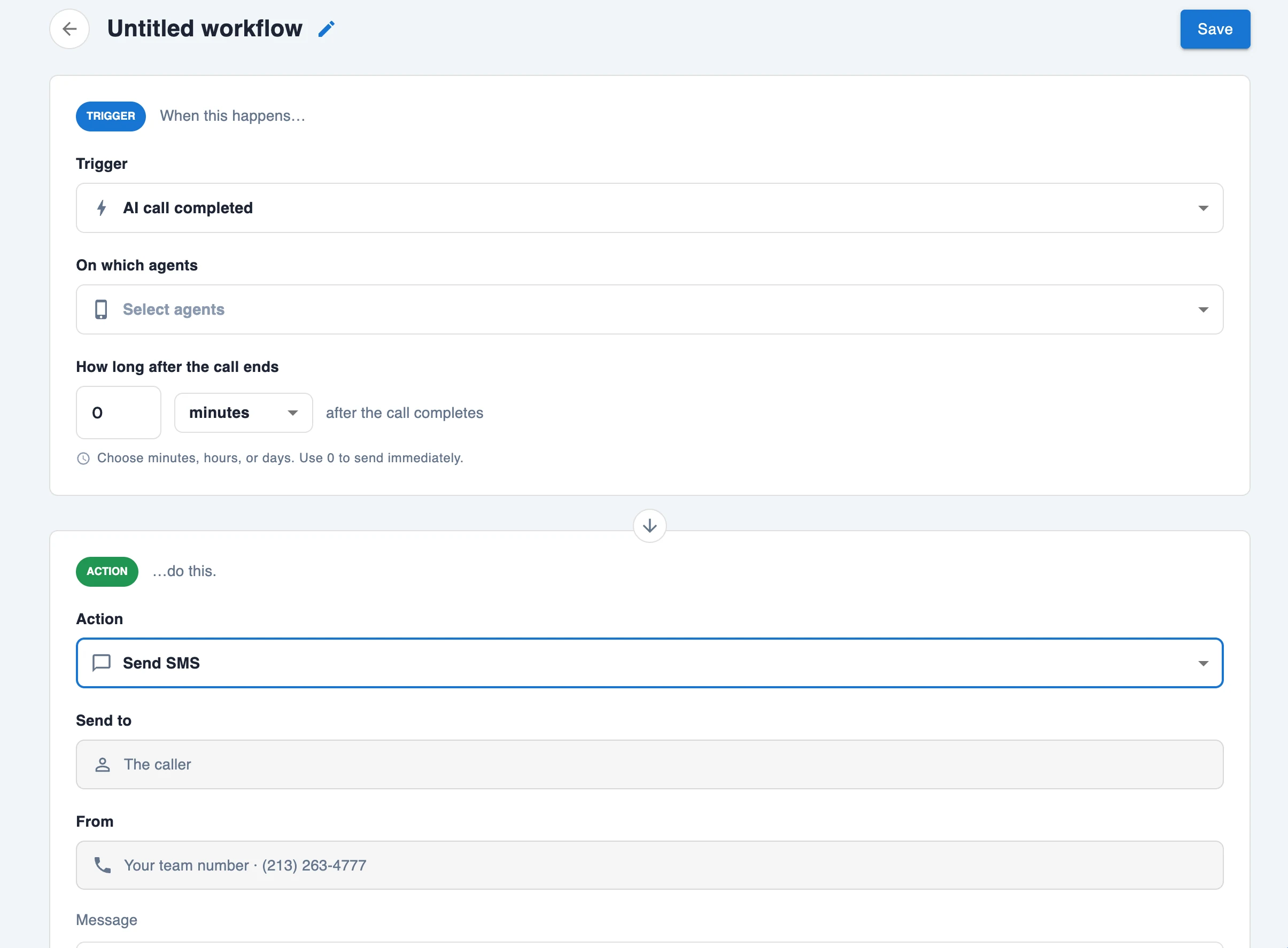 The Zinng workflow builder showing an AI call completed trigger and a Send SMS action addressed to the caller