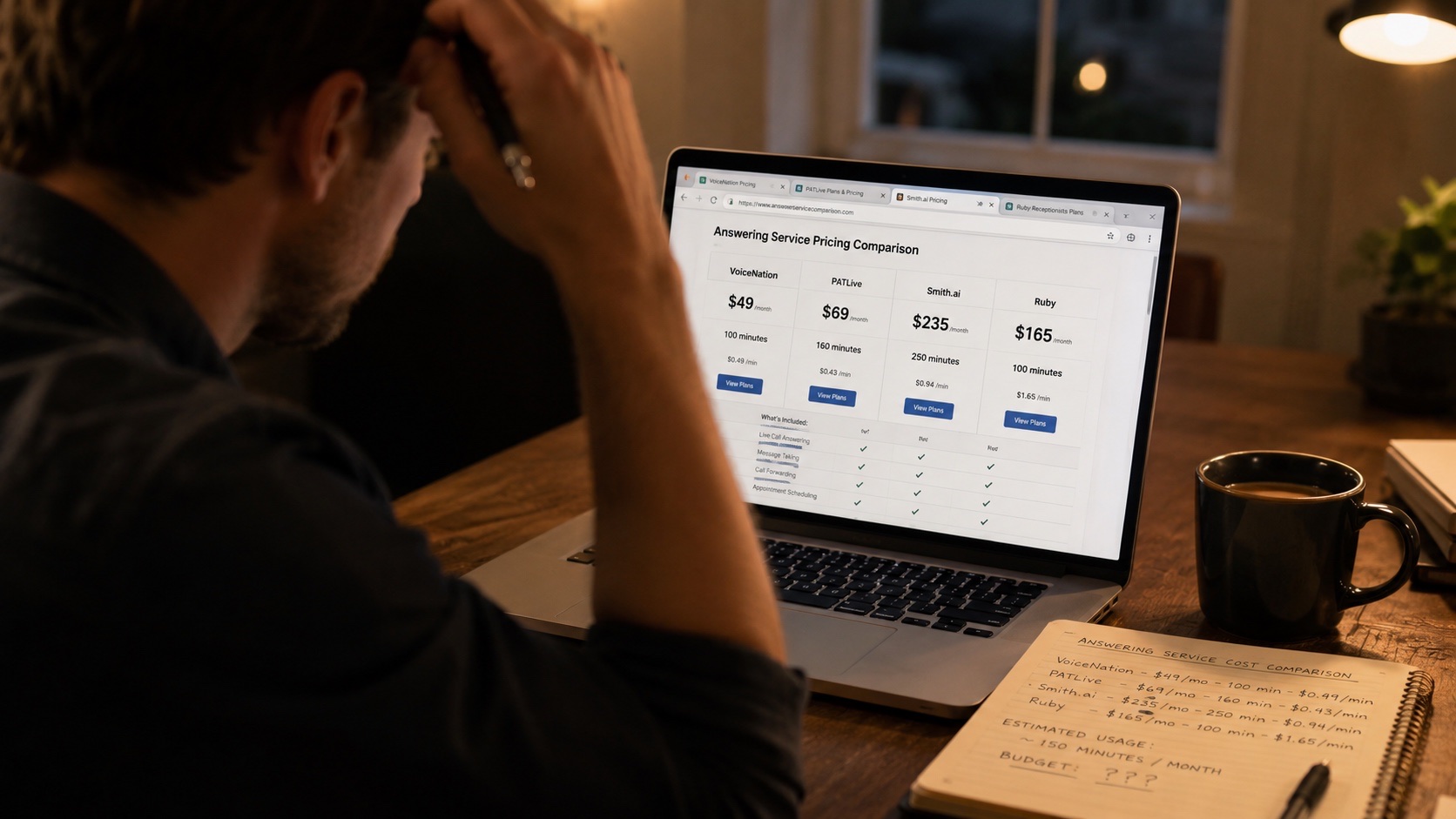 Small business owner sitting at a home office desk comparing answering service pricing on a laptop with a notebook of handwritten cost notes nearby