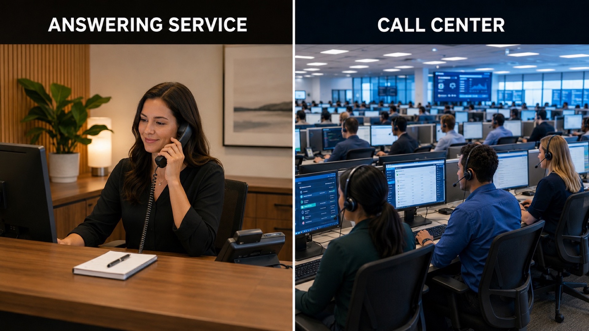 Side by side comparison of an answering service receptionist and a call center operator at their workstations