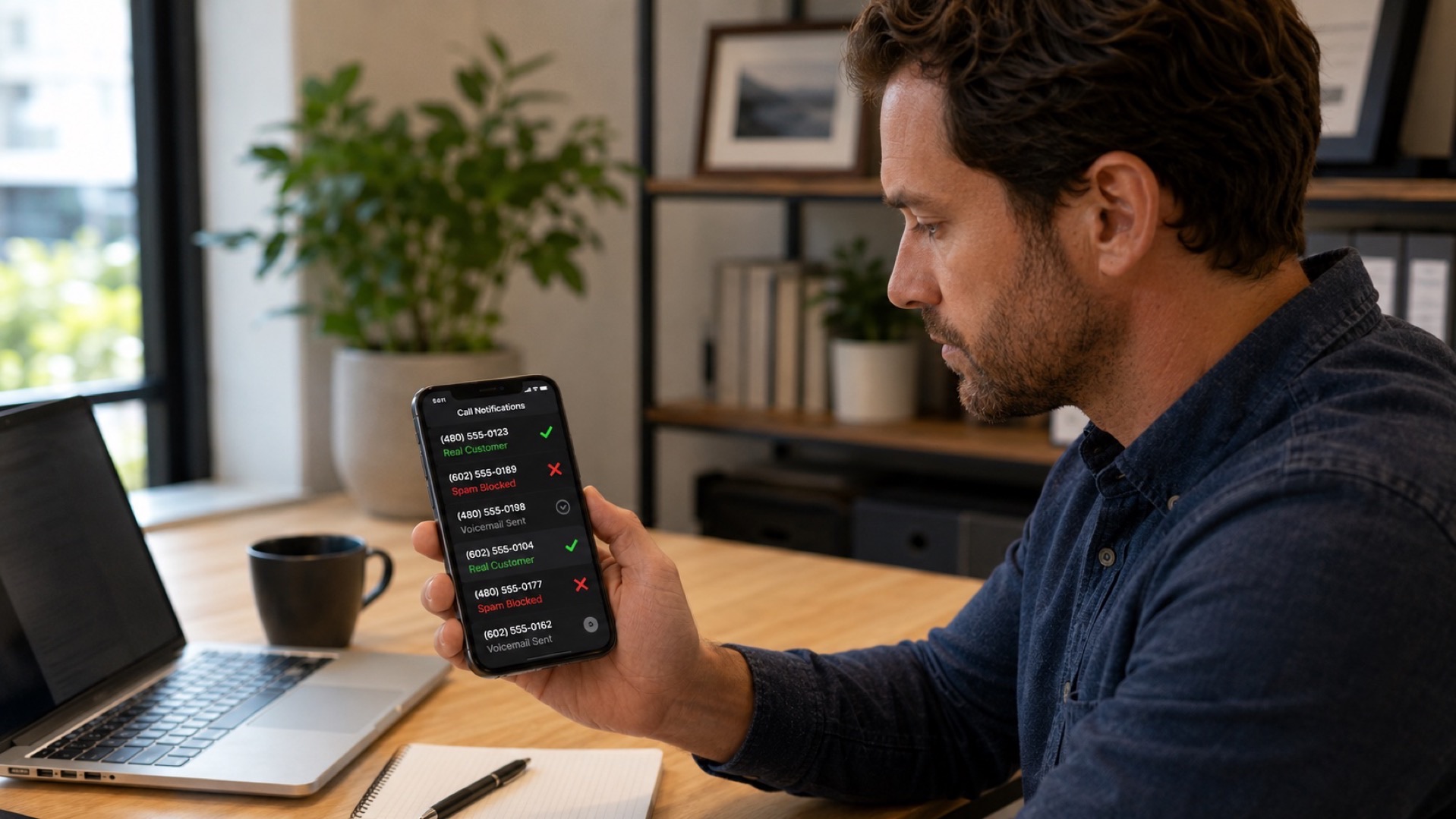 Small business owner reviewing screened call notifications on their phone showing real customers vs spam
