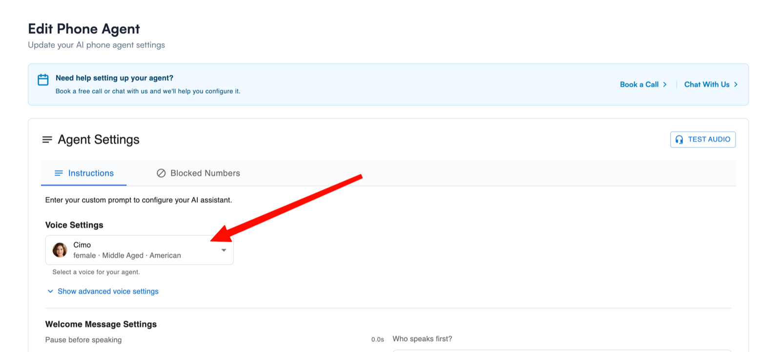 Zinng Edit Phone Agent page with a red arrow pointing to the Voice Settings dropdown showing the current voice selection