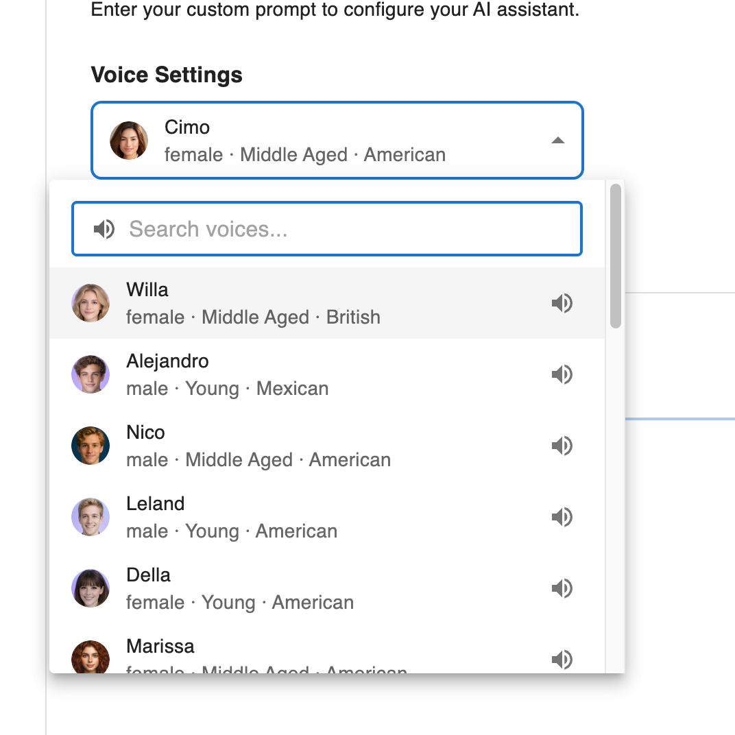 Zinng voice picker dropdown open with a search box and a scrollable list of voices, each with a photo, name, attributes, and a speaker icon to preview
