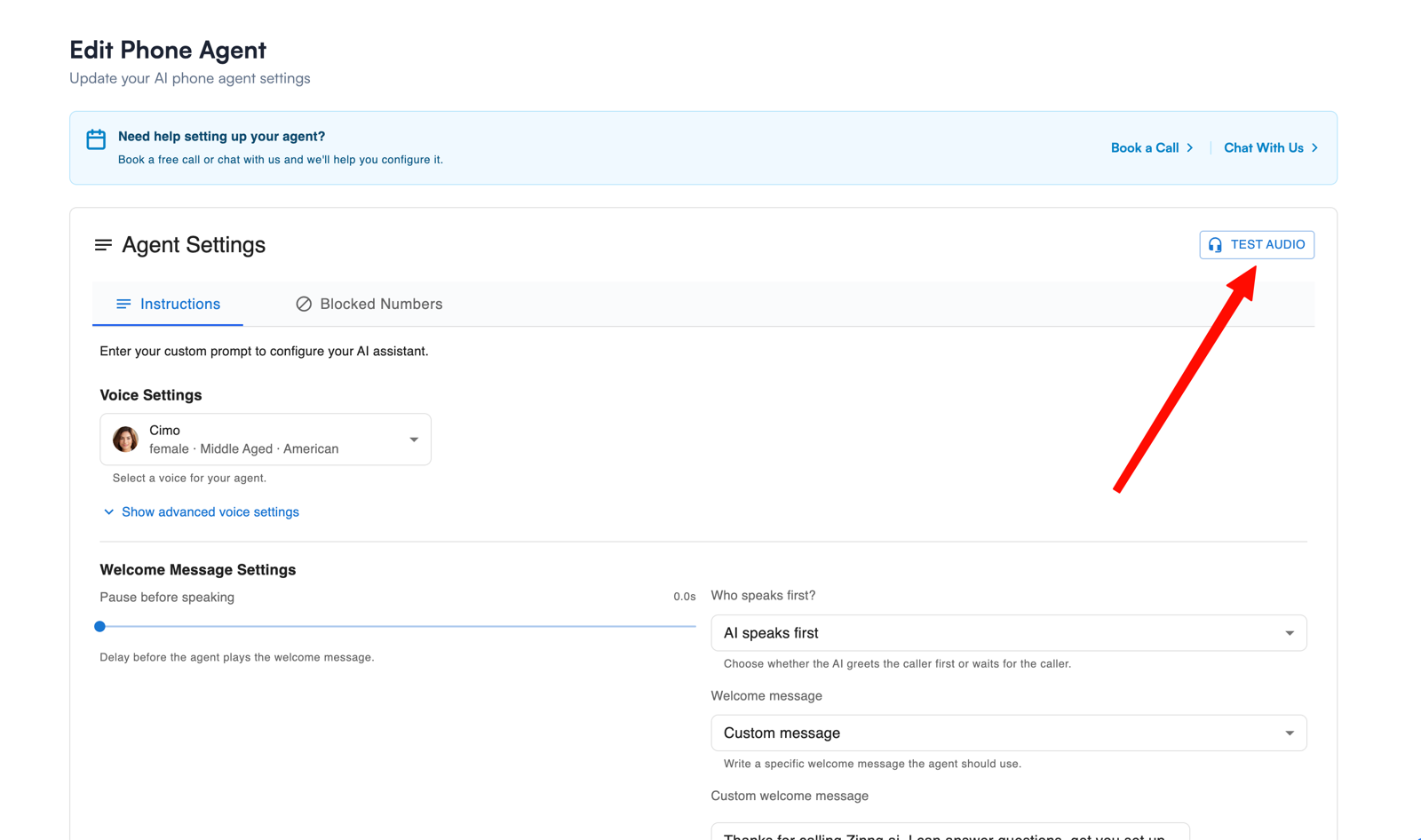 Zinng Edit Phone Agent page with a red arrow pointing to the Test Audio button in the top right corner of the Agent Settings panel