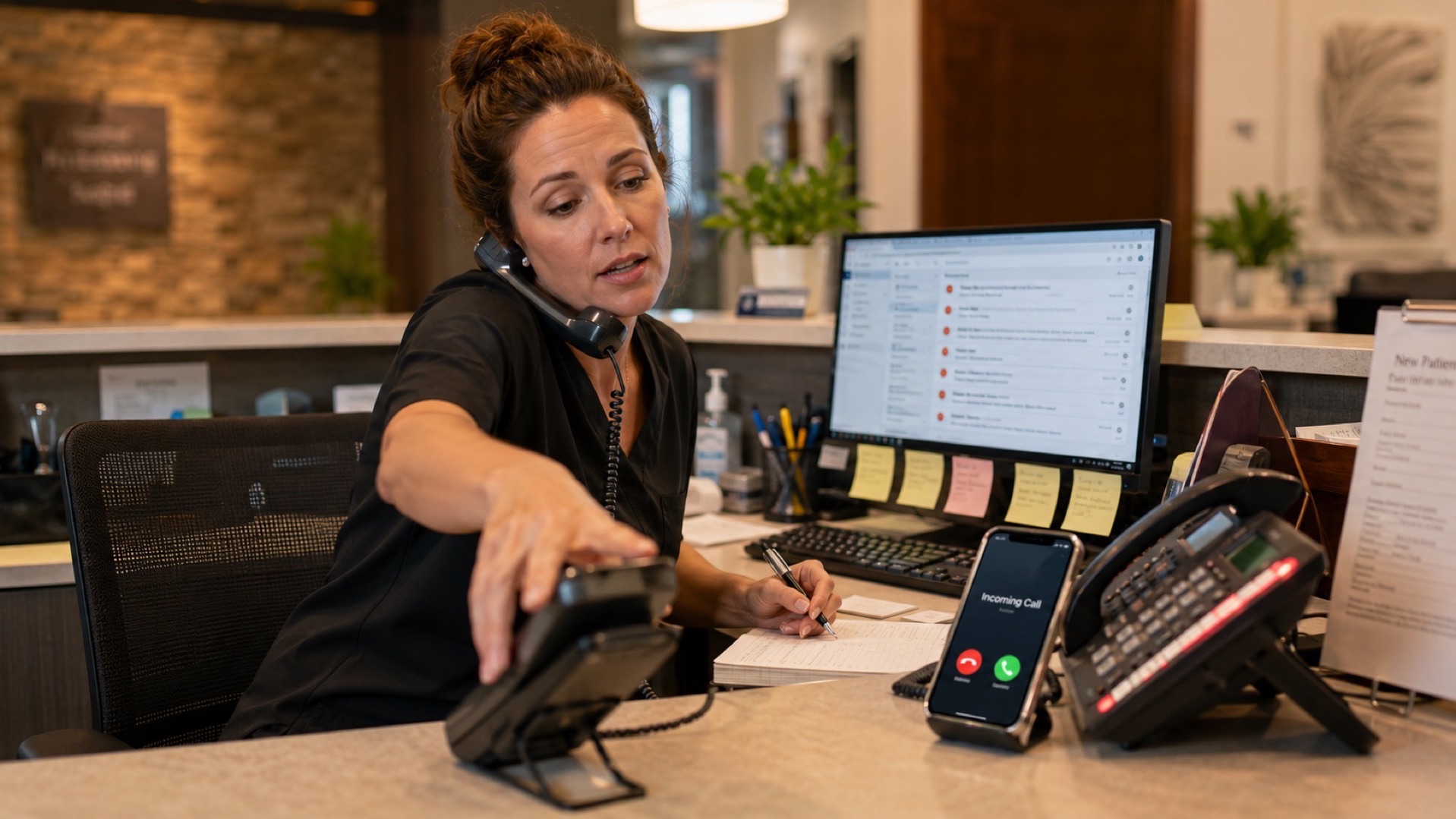 Small business owner overwhelmed by ringing phones and missed call notifications during a call volume spike