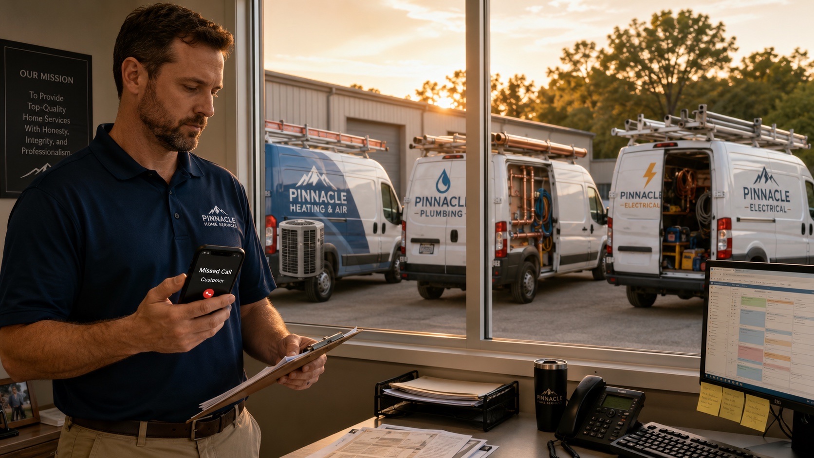Home services business owner in a small office checking a missed call notification with HVAC, plumbing, and electrical service vans parked outside in the fleet yard