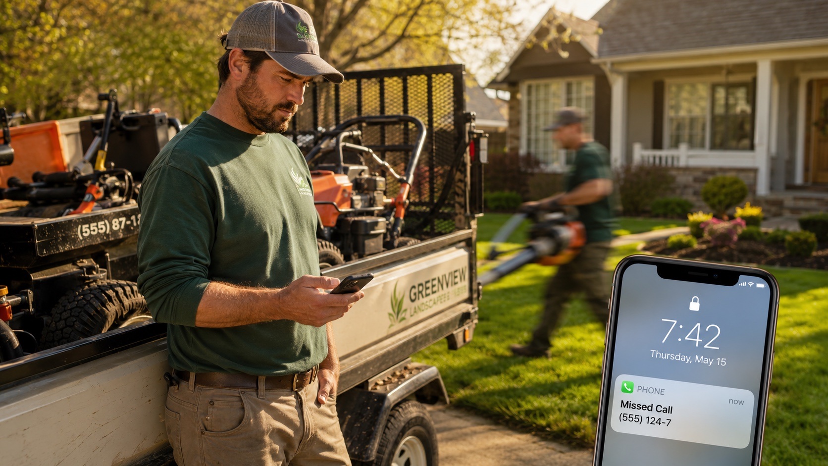 Landscaping crew leader standing beside a service truck checking his phone for a missed call notification, fresh-cut lawn and mulched beds in the background