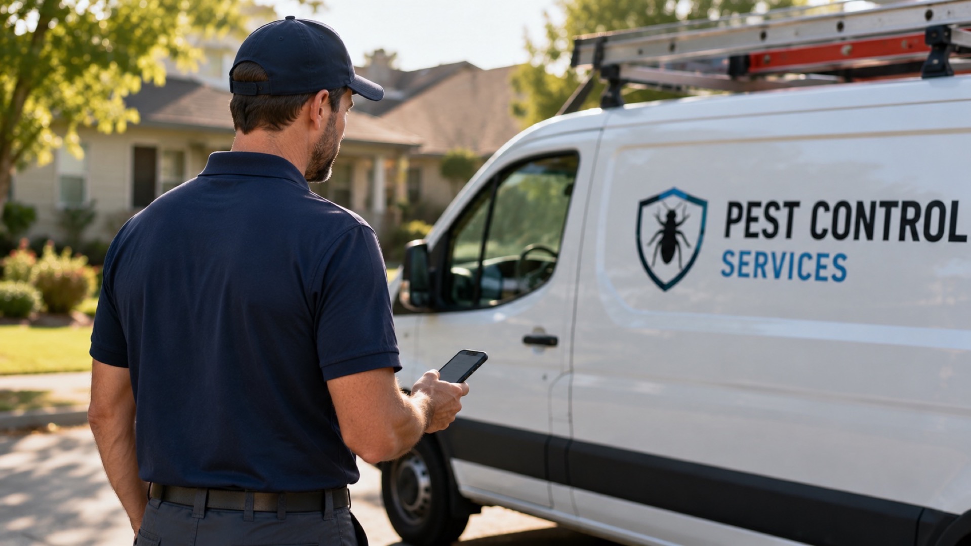 Pest control technician with a service truck checking their phone for new emergency calls