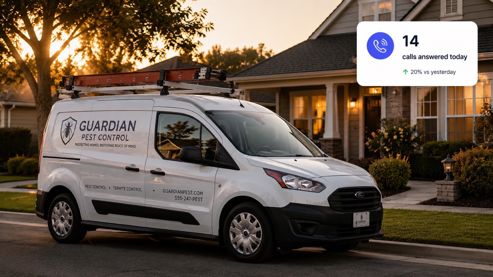 Pest control service truck parked at a residential home with calls captured throughout the day