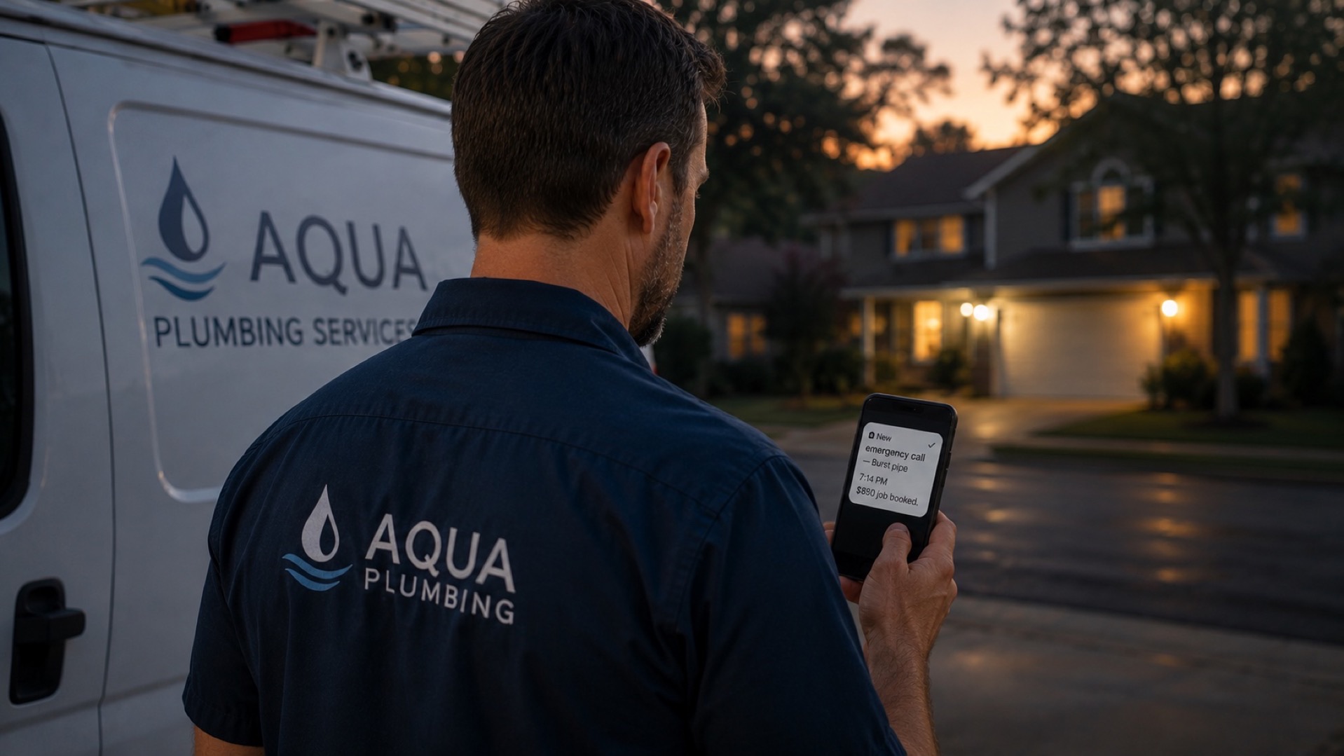 Plumber in front of a service van checking their phone for an incoming emergency call