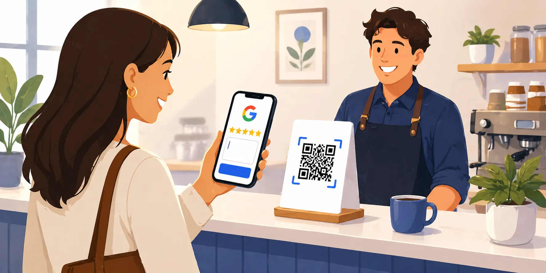 Customer scanning a Google Review QR code at a business counter to leave a 5-star review