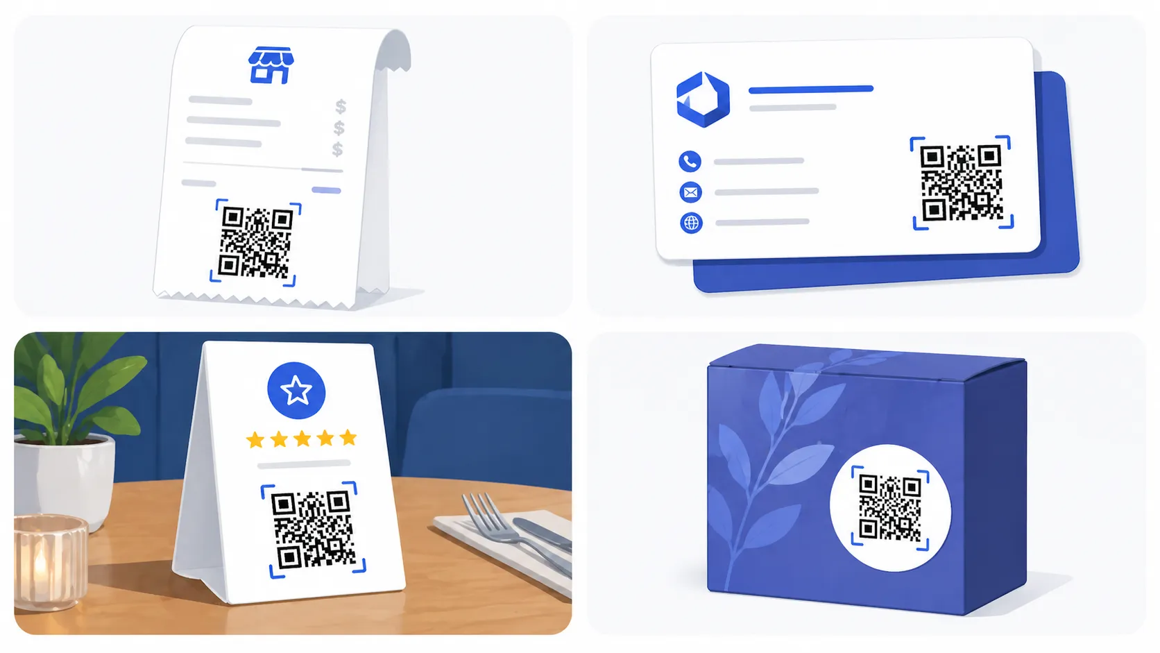 Examples of where to place a Google Review QR code: receipts, business cards, table tents, and product packaging