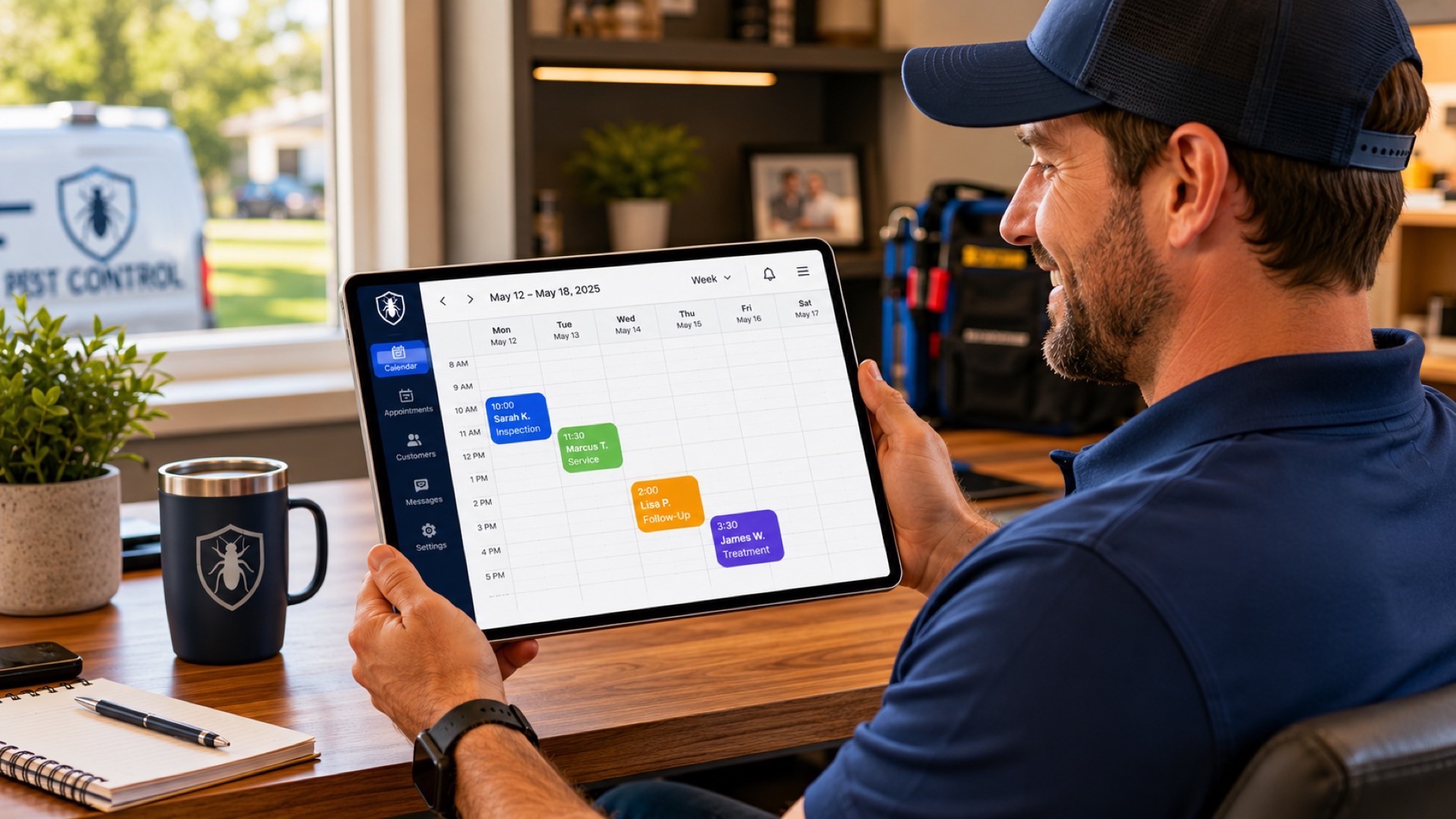 Small business owner using an appointment scheduling app on a tablet showing a calendar full of bookings