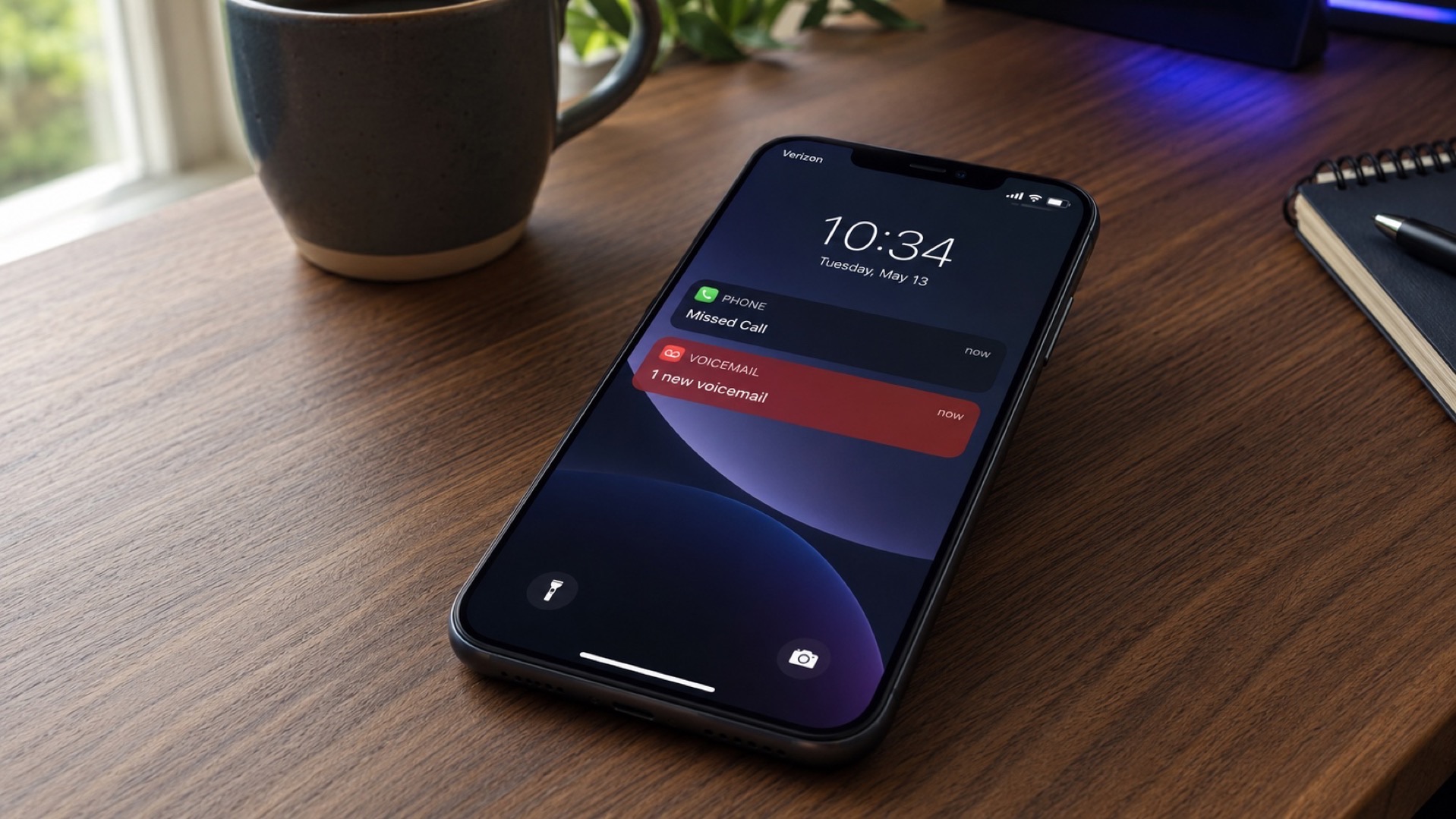 Smartphone on a wooden desk showing a missed call and voicemail notification