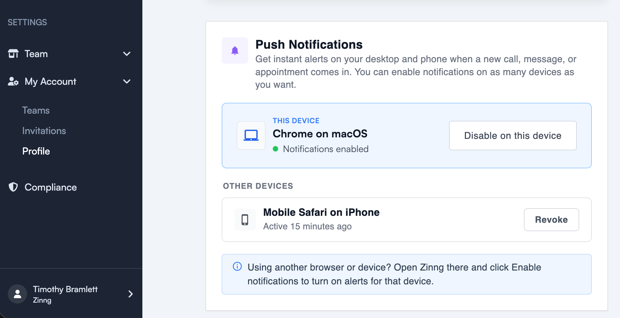 Push Notifications settings showing multiple devices enabled